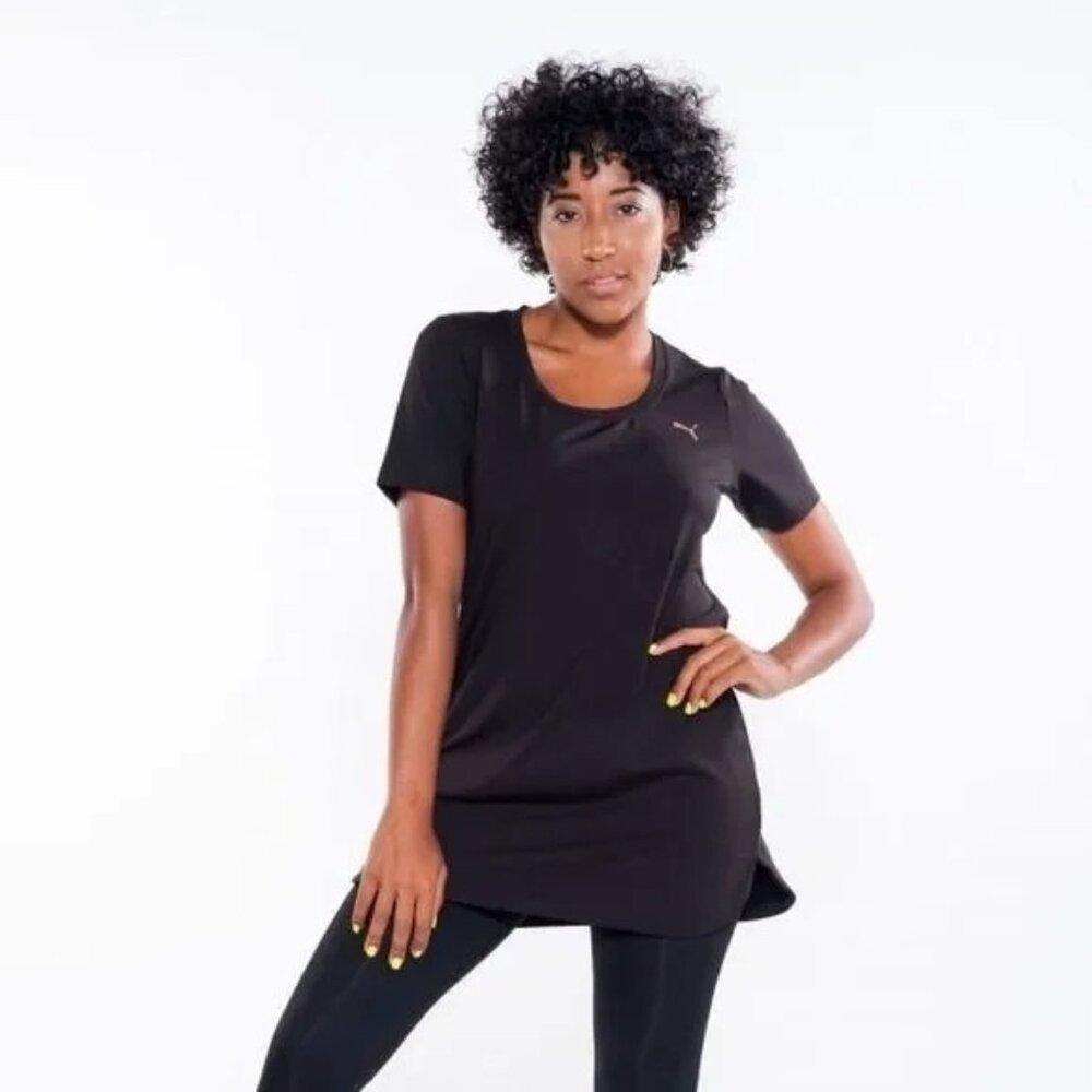 Puma Athletic Top Size Small Short Sleeve Tunic Lace Up Back Black Sporty Active